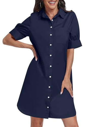 ANRABESS Womens Button Down Shirt Dress Summer Short Sleeve Business Casual Shift Dresses with Pockets 2025 Trendy Navy Blue-Large | Amazon (US)