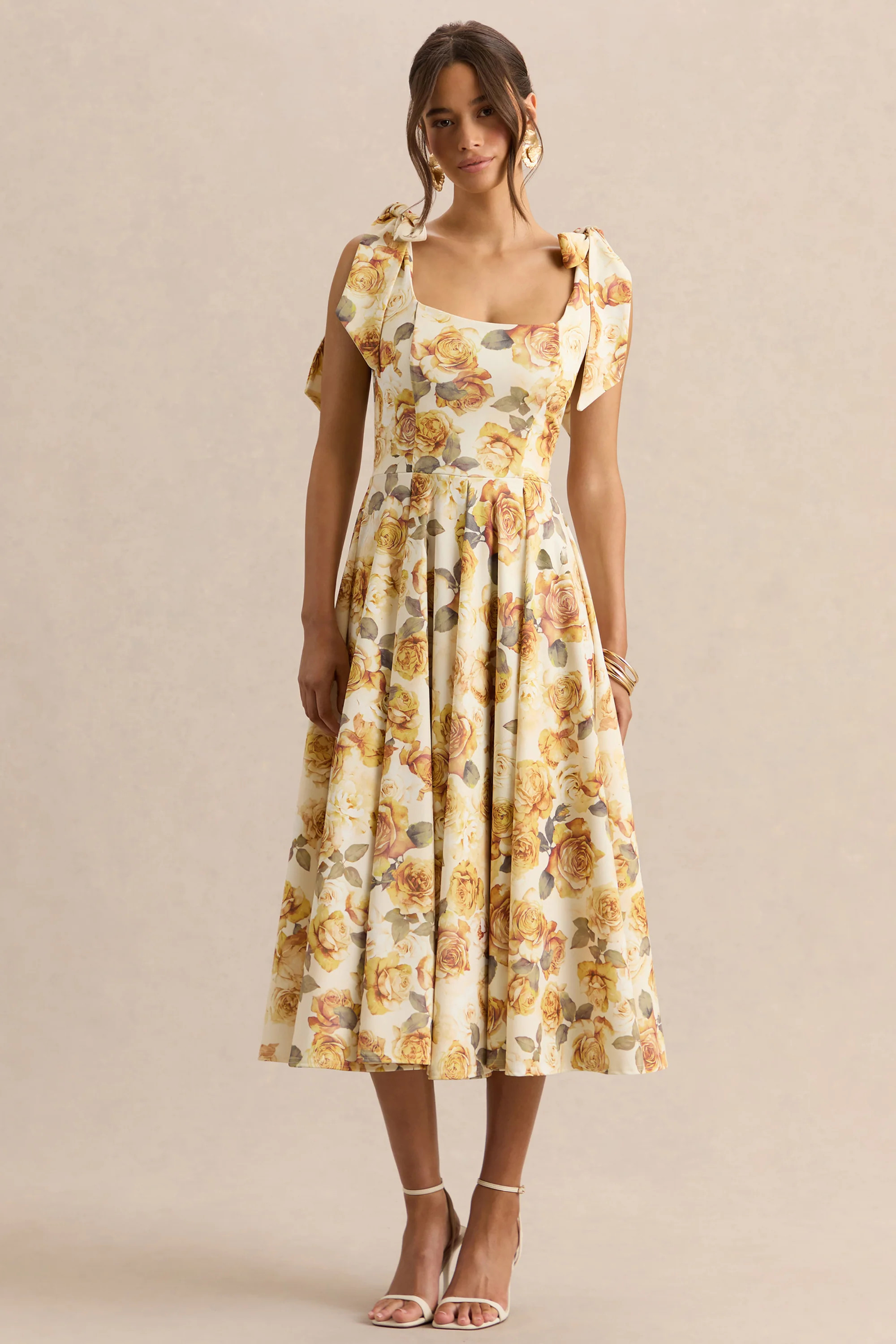 Mena | Lemon Rose Print Square-Neck Midi Dress With Bow Sleeves | Club L London