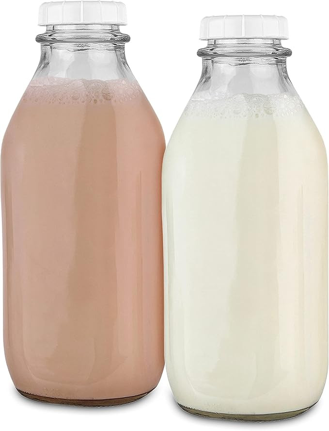 Stock Your Home Liter Glass Milk Bottles (2 Pack) - 32-Oz Milk Jars with Lids - Food Grade Glass ... | Amazon (US)