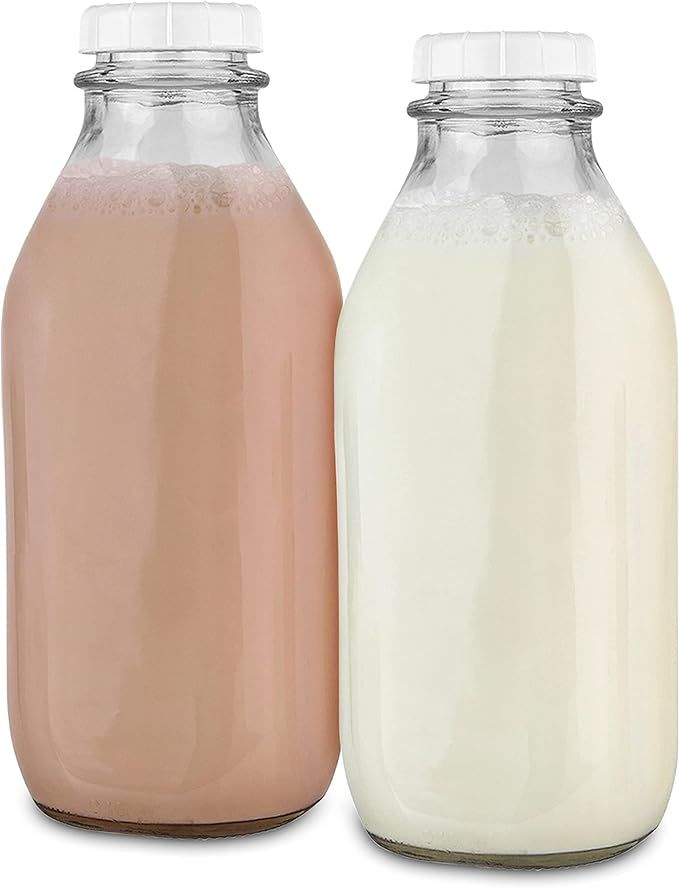 Amazon.com: Stock Your Home Liter Glass Milk Bottle with Lid (2 Pack) 32 Oz Jugs and 6 White Caps... | Amazon (US)