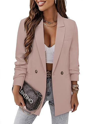 CRAZY GRID Women Work Casual Blazer Jacket Trendy Professional Business Suit Jacket Ladies Lightweight Buttons Formal Office Blazer XL Light Pink | Amazon (US)