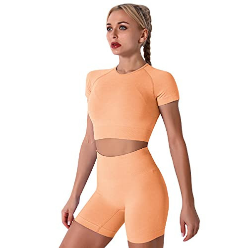 IWEMEK Yoga Outfits for Women 2 Piece Workout Sets Seamless Tummy Control Yoga Leggings Running Biker Shorts and Short Sleeve Crop Tops Athletic Gym Clothes Orange Small | Amazon (US)
