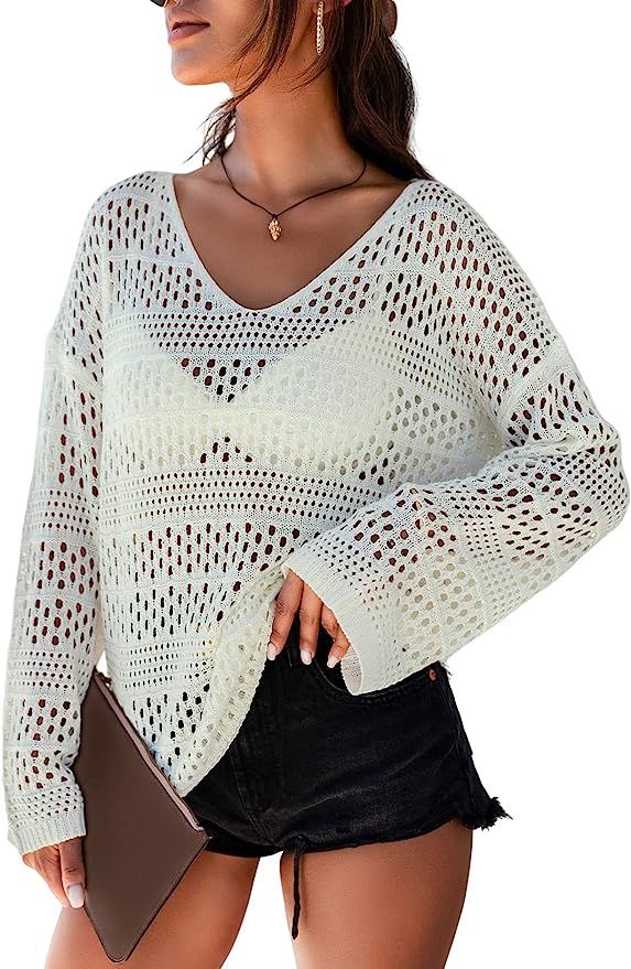 Asvivid Women's Summer Crochet Hollow Out Blouse Long Sleeve Beach Cover Up Tunic Top (S-XXL) | Amazon (US)