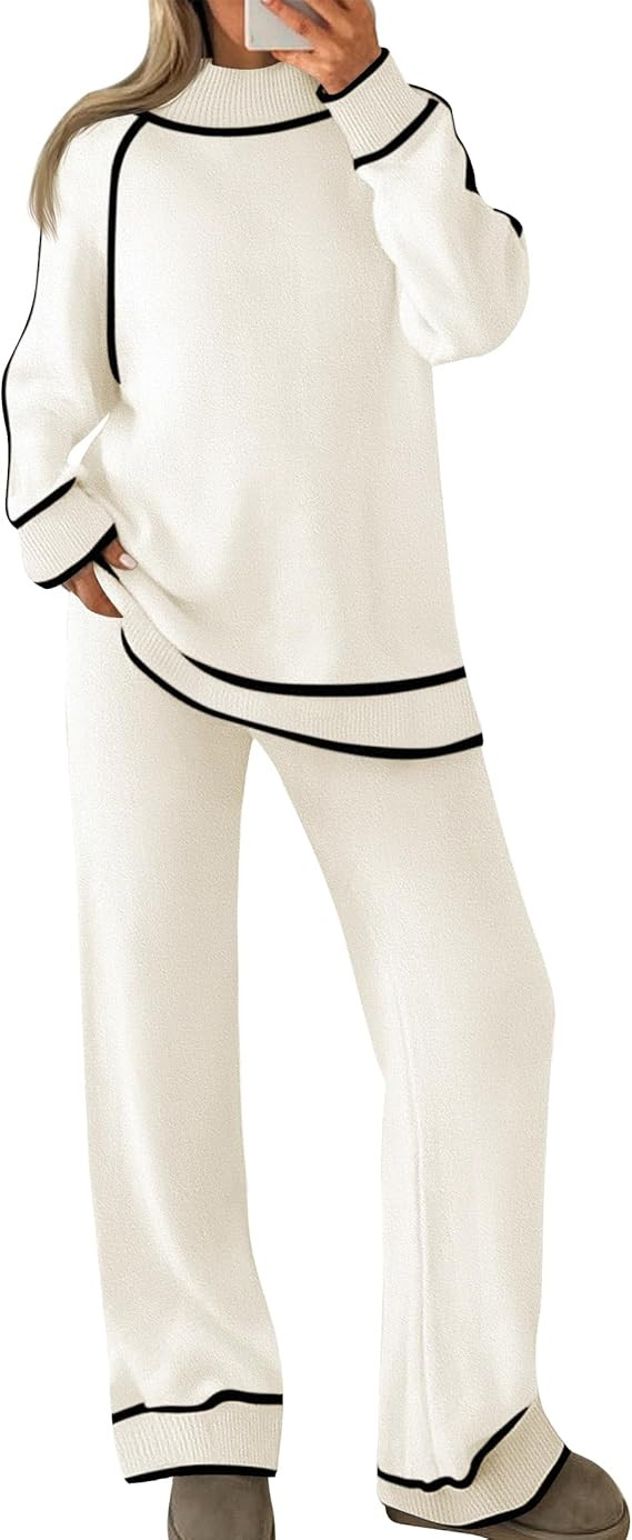 ZESICA Women's Two Piece Outfits Sweater Sets Long Sleeve Turtleneck Pullover Tops Wide Leg Pants... | Amazon (US)