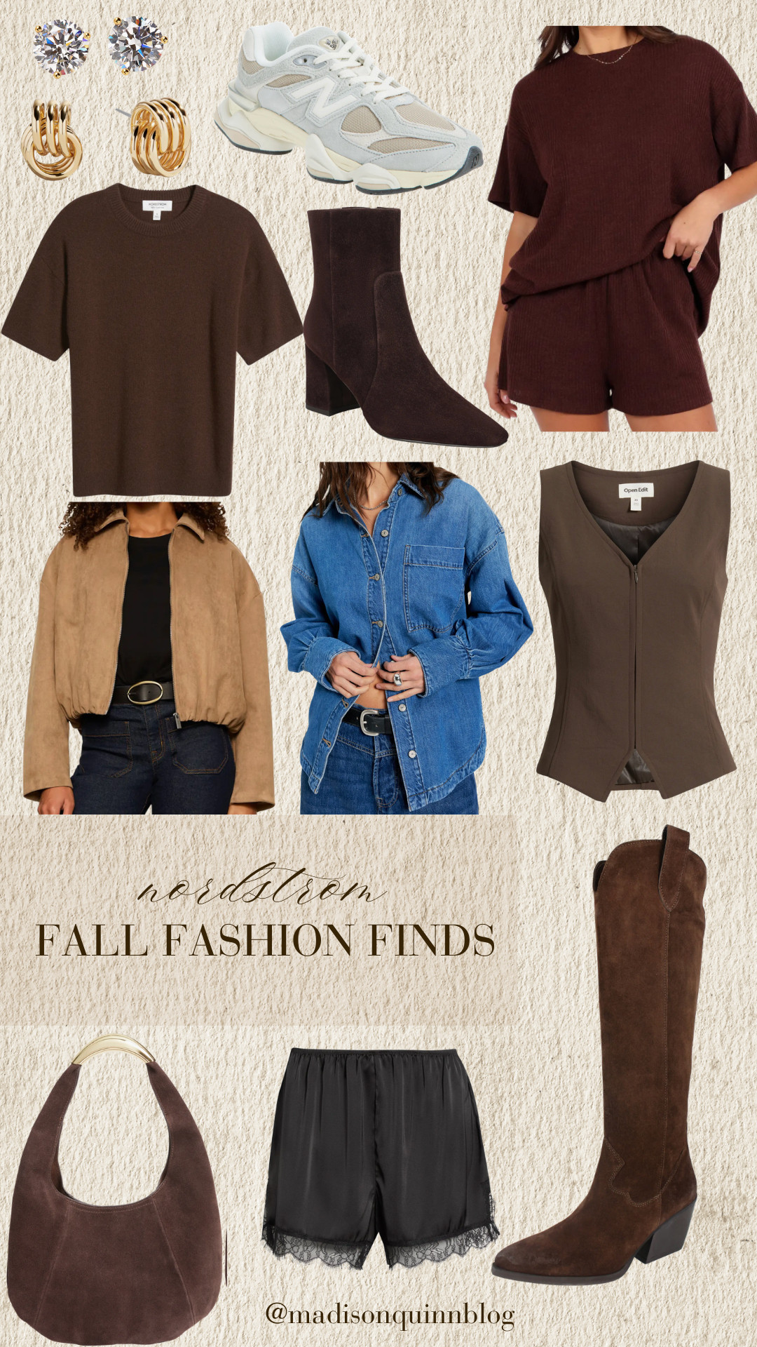 Nordstrom fall fashion finds!

neutral chocolate brown suede booties new balance sneakers suede jacket jean jacket vest handbag purse satin shorts tall boots 

 #LTKootd #LTKSeasonal