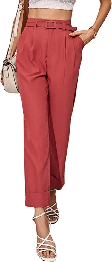 SweatyRocks Women's Casual Pleated Pants High Waist Straight Leg Belted Trouser Pants with Pocket... | Amazon (US)