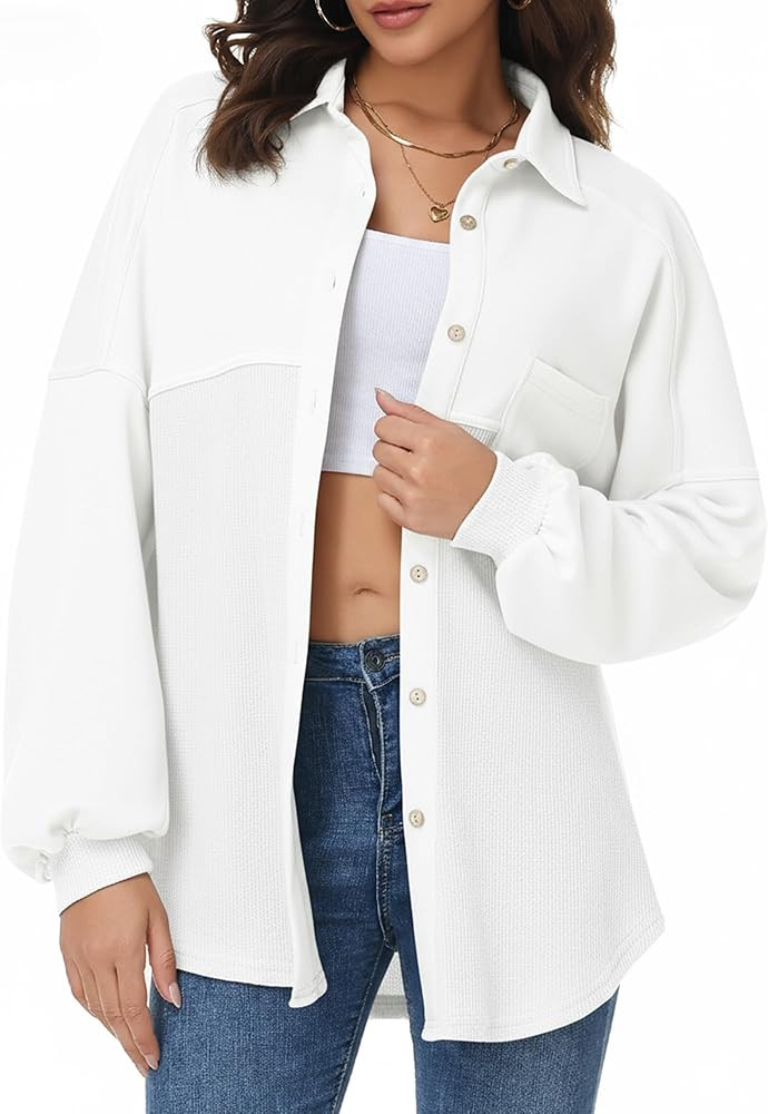 Women Waffle Knit Shacket Fall Fashion Shirt Button Down Long Sleeve Shirt Jacket Dressy Causal T... | Amazon (US)