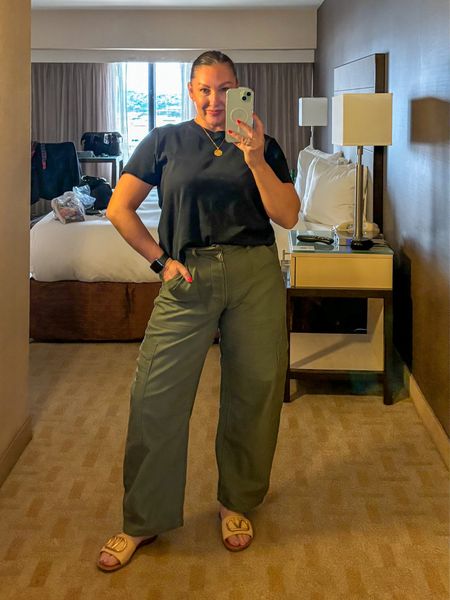 I love these pants! Can you tell??!!! Easy casual outfit for on the road downtime. 
Cargo pants. Citizens of humanity. Slides. 

#LTKover40 #LTKstyletip #LTKmidsize
