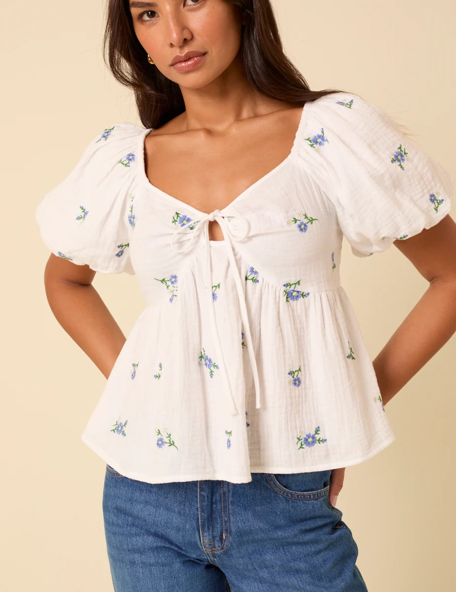 White Floral Embroidererd Puff Sleeve Top | Nobody's Child