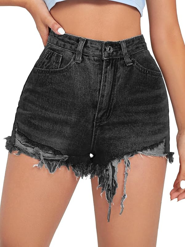 SweatyRocks Women's High Waist Denim Shorts Ripped Raw Hem Jean Shorts Casual Summer Hot Pants wi... | Amazon (US)