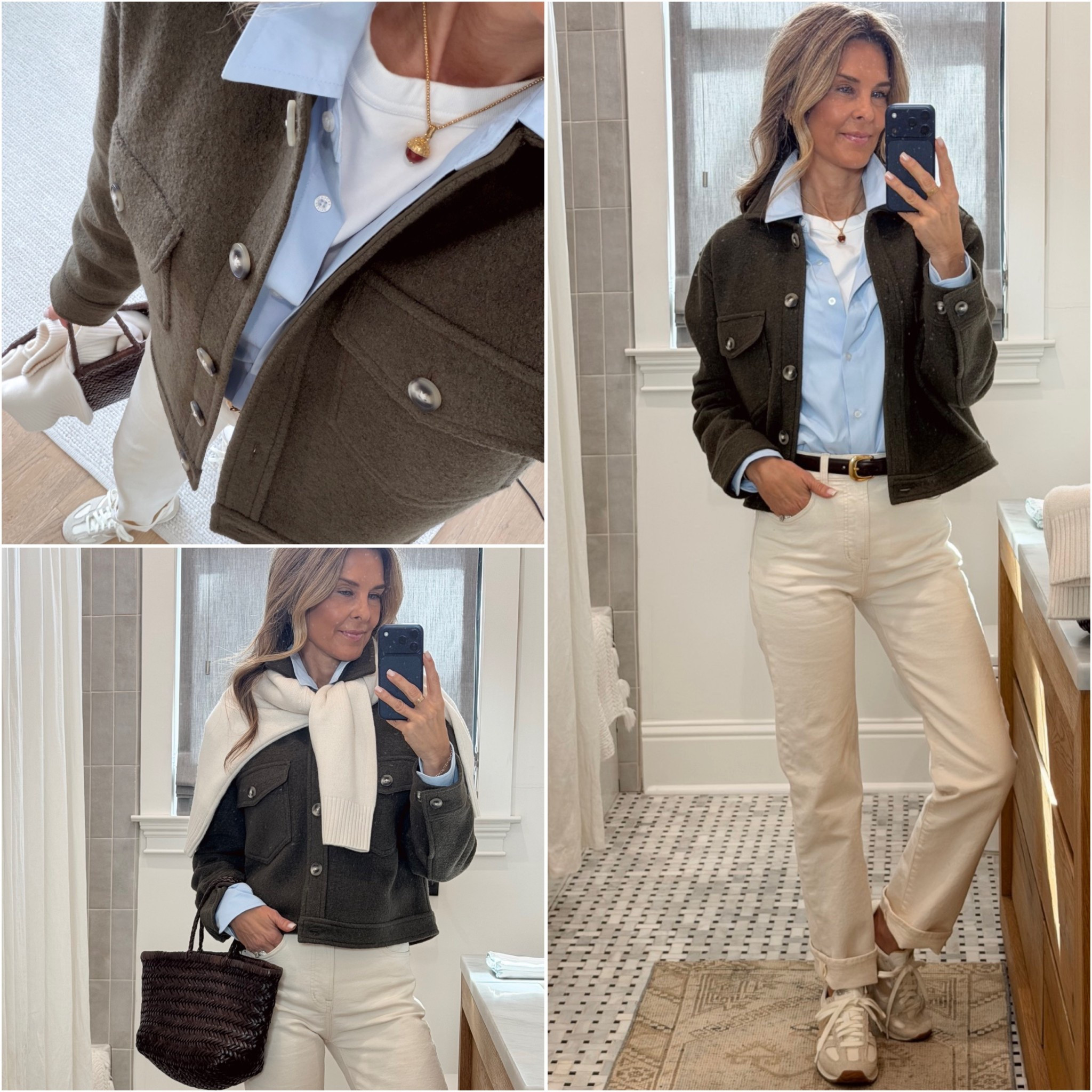 -Madewell jeans, love the straight leg fit! I’m 5’6”. Wearing Reg length. I cuffed them. 
-A favorite low-cost tee! Sz Small
-Brochu Walker button-up with elevated details? Sz XS
-Quince jacket, Sz S other colors available 
-Quince cashmere sweater sz S
-New Balance sneakers TTS 
-new acorn charm Is gorgeous! Crafted in Italy. 


#LTKootd #LTKOver40 #LTKgrwm