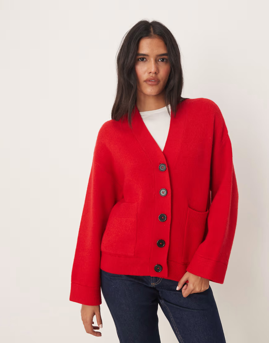 ASOS DESIGN button up pocketed front boyfriend cardigan in red | ASOS (Global)