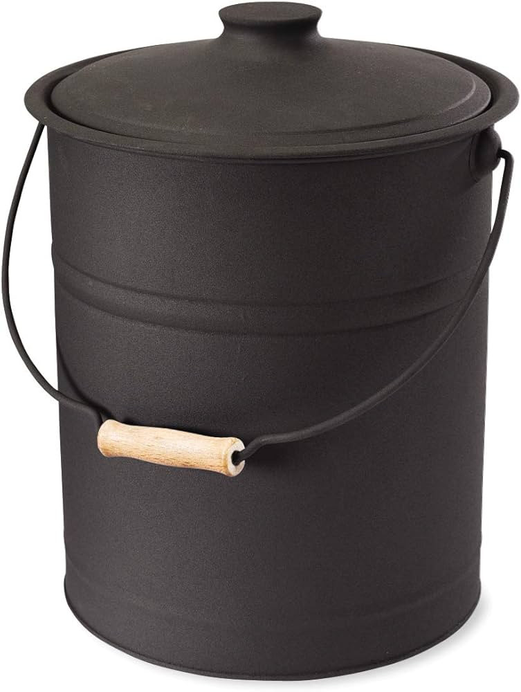 Plow & Hearth 3 Gallon Black Large Ash Bucket with Lid and Wood Handle | 28 Gauge Galvanized Iron... | Amazon (US)