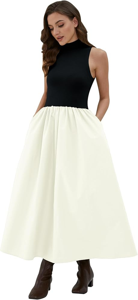 Lauweion Vestido largo sin mangas de cuello alto para mujer, con retazos, casual, sólido, con vu... | Amazon (US)