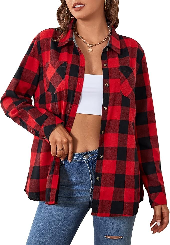 Esabel.C Women's Flannel Plaid Shirts Long Sleeve,Oversized Womens Flannel Button Down Shirt Casu... | Amazon (US)