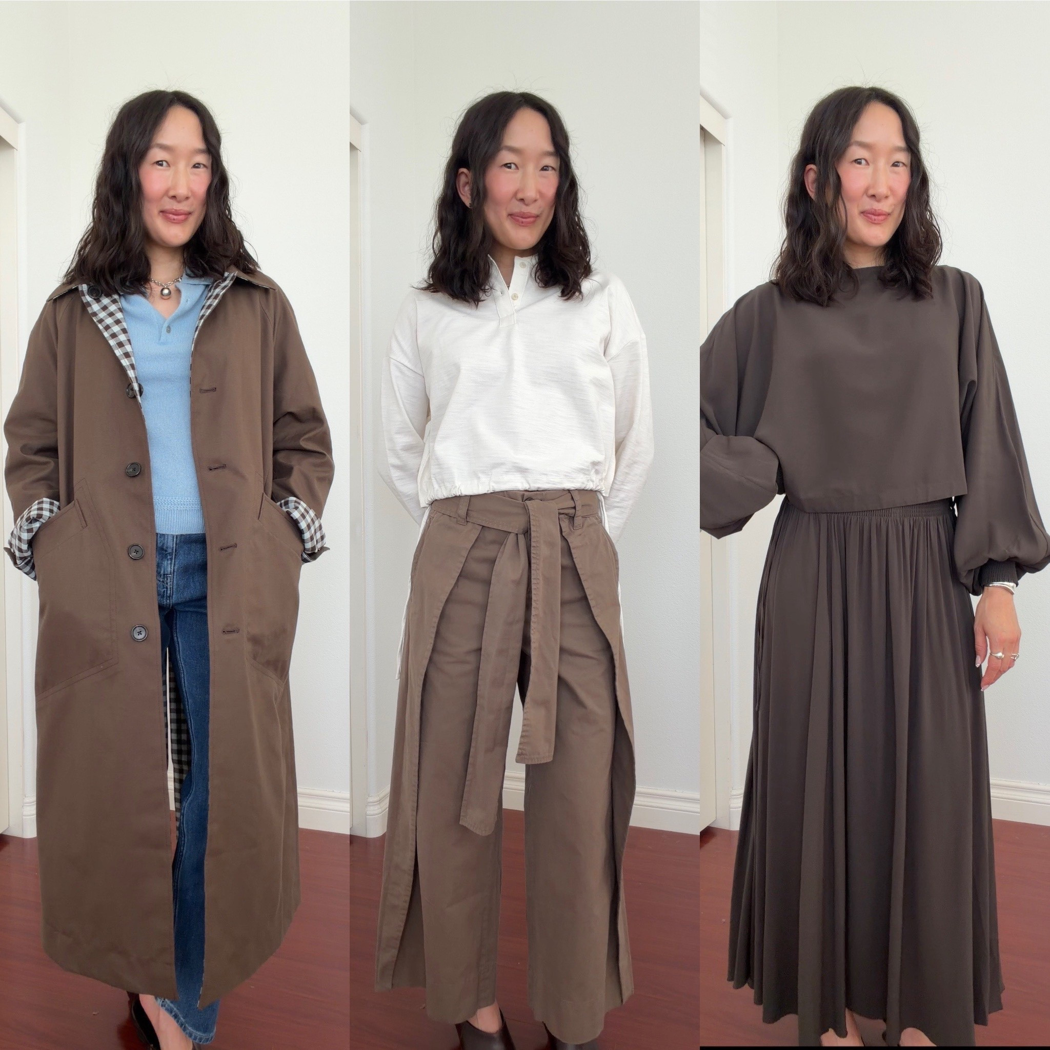 Xs reg in car coat, xxs in polo w drawstrings, xs in cashmere polo, xxsp in skirt and xxs in top, 00P in wrap chino pants. 24P in jeans! 