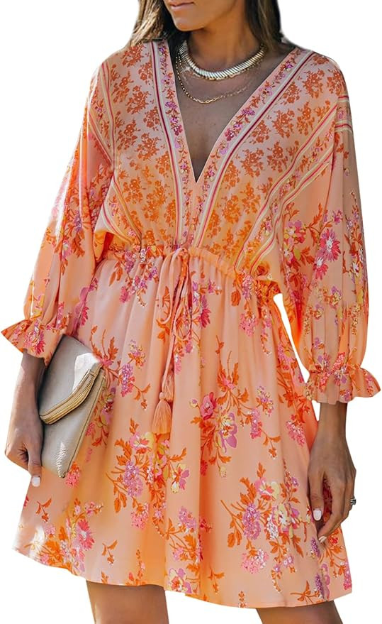 Linsery Women's Bohemian Floral Print Dress Ruffled Bat Sleeves Hollow Back Flowy Swing Drawstrin... | Amazon (US)