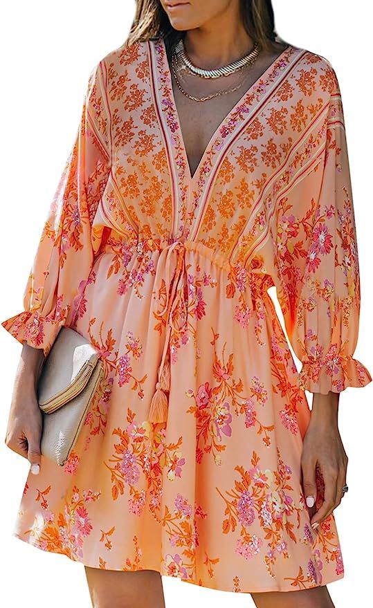 Linsery Women's Bohemian Floral Print Dress Ruffled Bat Sleeves Hollow Back Flowy Swing Drawstrin... | Amazon (US)