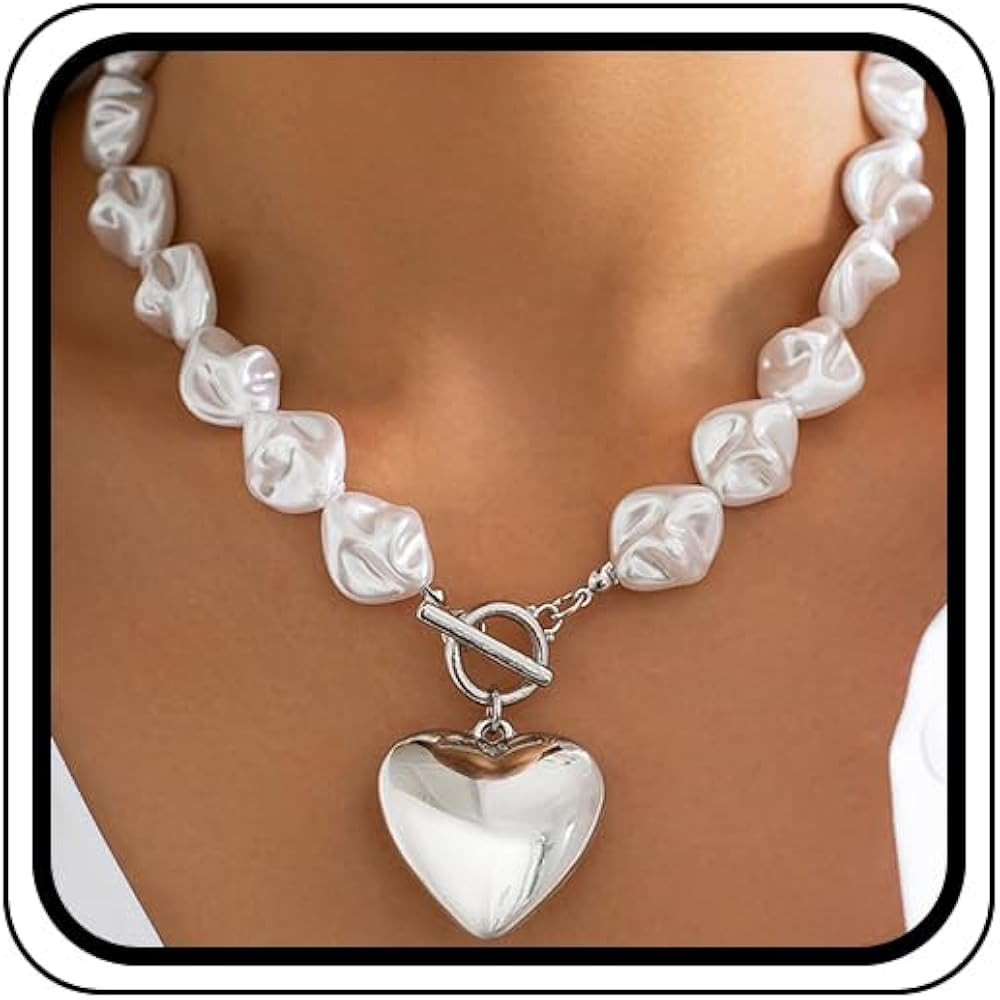 Chunky Pearl Gold Heart Pendant Necklaces for Women Fashion Baroque Pearls Love Shaped Choker Nec... | Amazon (US)