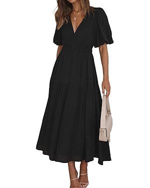 MessBebe Maxi Dress Puffy Sleeve V Neck High Waist A-Line Flowy Wrap Sun Wedding Guest Long Dress... | Amazon (US)