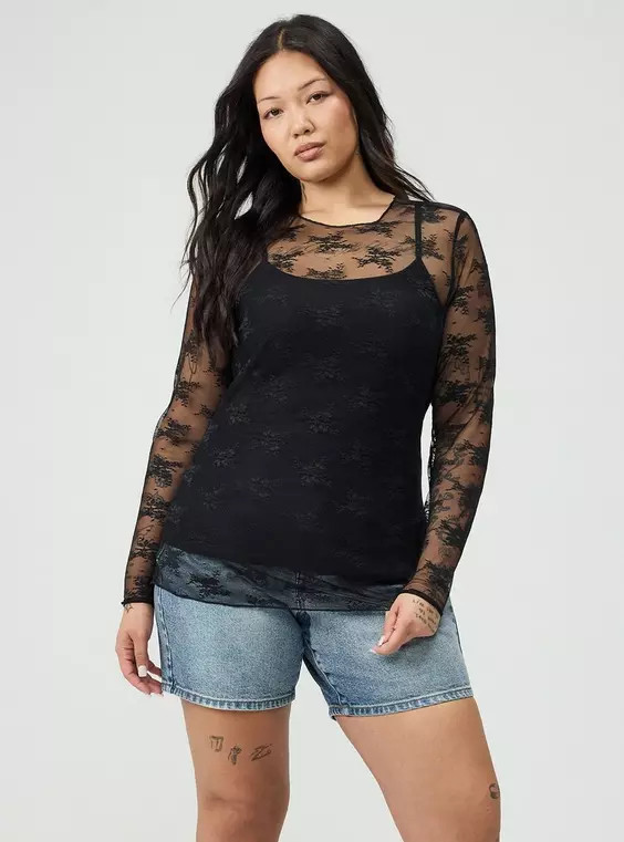 Sheer Lace Long Sleeve Crew Top in Black | Torrid (US & Canada)
