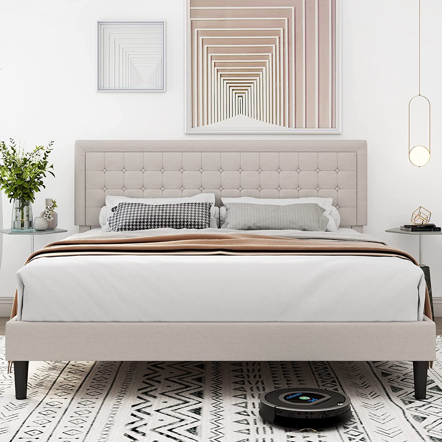 Homfa Queen Bed Frame, Button Tufted Upholstered Platform with Adjustable Headboard, Beige | Walmart (US)
