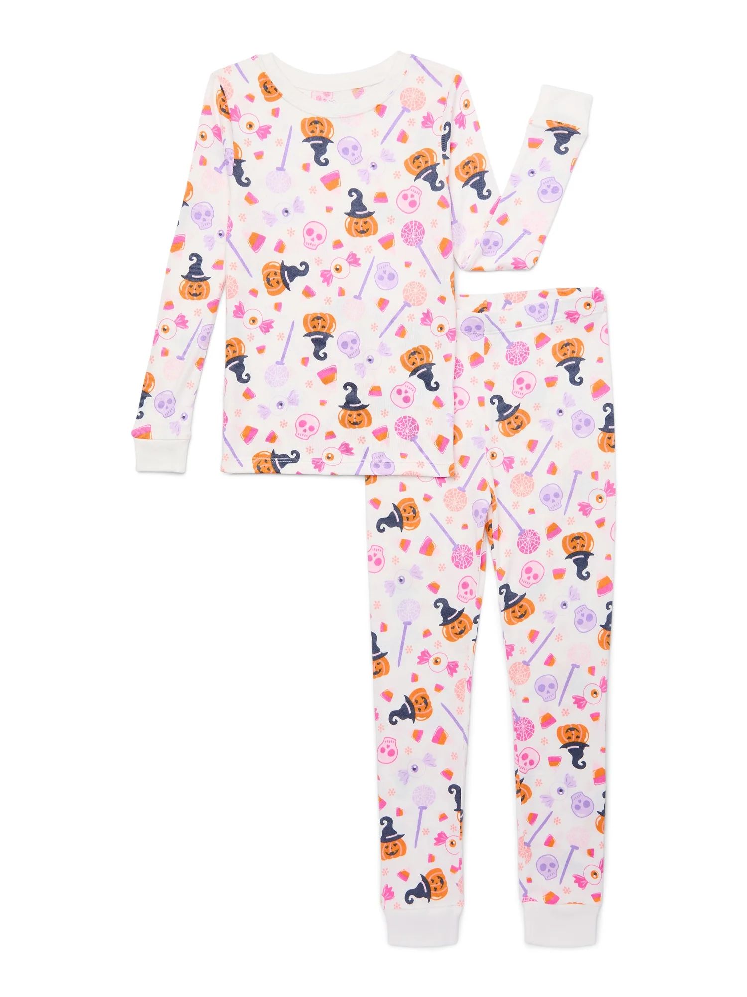 Wonder Nation Girls Halloween Tight Fit Long Sleeve Top and Pant 2 Piece Pajama Set, Sizes 4-10 | Walmart (US)