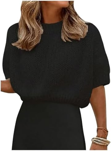 GORGLITTER Women's Puff Sleeve Crewneck Knit Shirt Top Short Sleeve Solid Loose Sweater | Amazon (US)