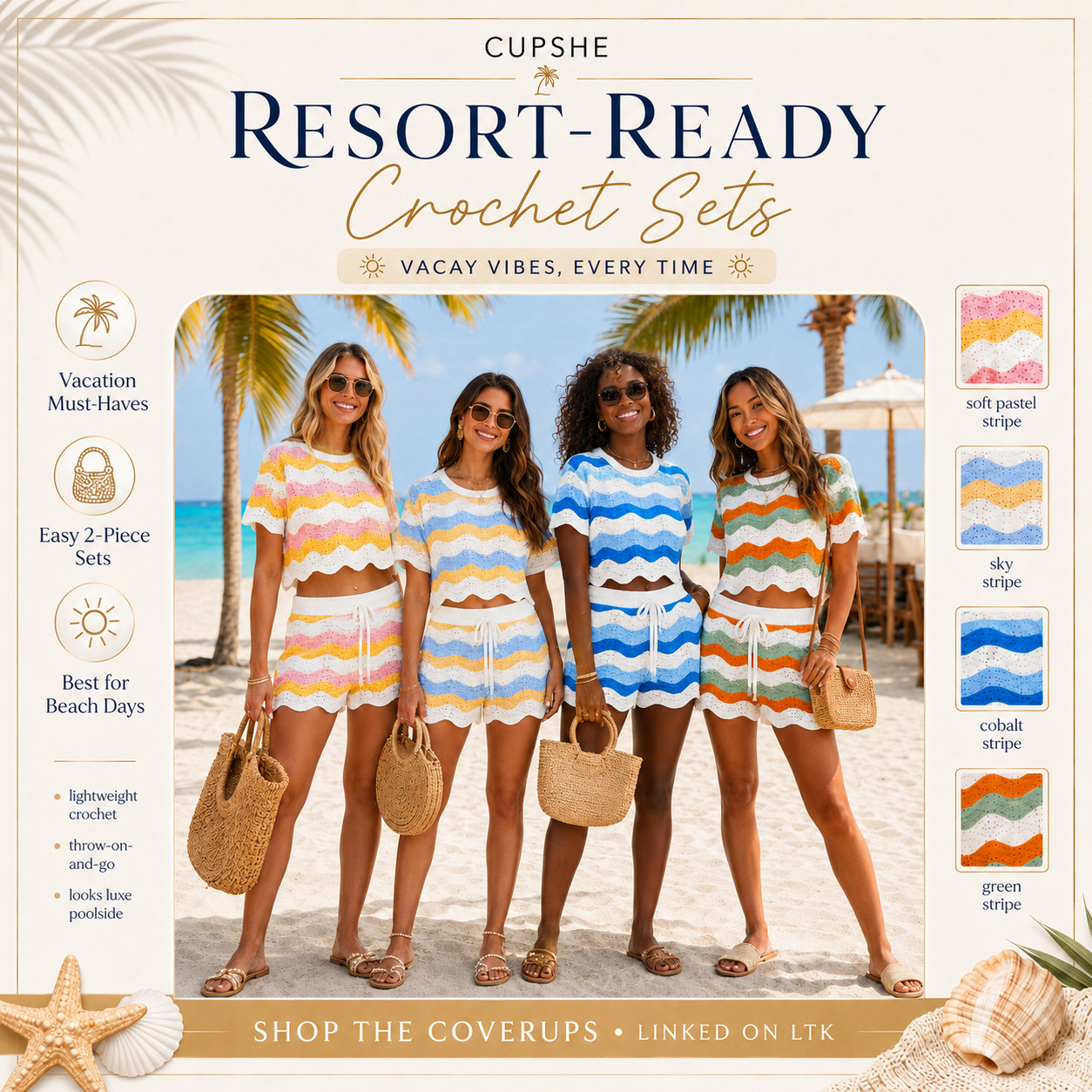 @Cupshe Summer | Multi Colored 2 Piece Crochet Short Sleeves & Shorts Swimsuit Coverup Sets

The crochet two-piece sets that make beach dressing feel instantly easy, styled, and vacation-ready. 🌴

These CUPSHE crochet cover-up sets are perfect when you want something lightweight, breezy, and cute enough to wear beyond just the walk to the pool. 

The matching top-and-short design makes the outfit feel effortless, the crochet knit gives that elevated resort texture, and the stripe options add the prettiest summer color without feeling too loud.

This is the edit to check first for beach days, poolside lounging, resort trips, cruises, lake weekends, vacation mornings, beach bars, boardwalk walks, and weekend getaway outfits. 

It solves the “I need something to throw on over my swimsuit that still looks like a real outfit” problem — comfy, easy to pack, easy to rewear, and styled in one step.

I love these because they give that full vacation outfit feel with almost no effort. 

Add sandals, sunnies, a woven tote, gold jewelry, or a straw bag and you’re instantly ready for beach-to-lunch plans.

I pulled together the crochet sets worth checking first so you can skip the scroll and go straight to the colors that feel the most wearable, fun, and resort-ready.

📌 SAVE this for vacation packing, crochet beach sets, and easy swimsuit cover-up outfits that make the whole look feel done.

↓ Everything is linked!

#LTKSaleAlert #LTKSwim #LTKTravel