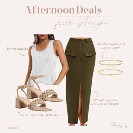 Afternoon deals include this crinkle top that’s only $8, a long skirt with pockets, woven heeled sandals, and a bracelet stack. Be sure to click the coupons and use the codes in the image. 

Ootd, Amazon deal, summer outfit, Office outfit, work outfit, date night

#LTKfindsunder50 #LTKshoecrush #LTKsalealert