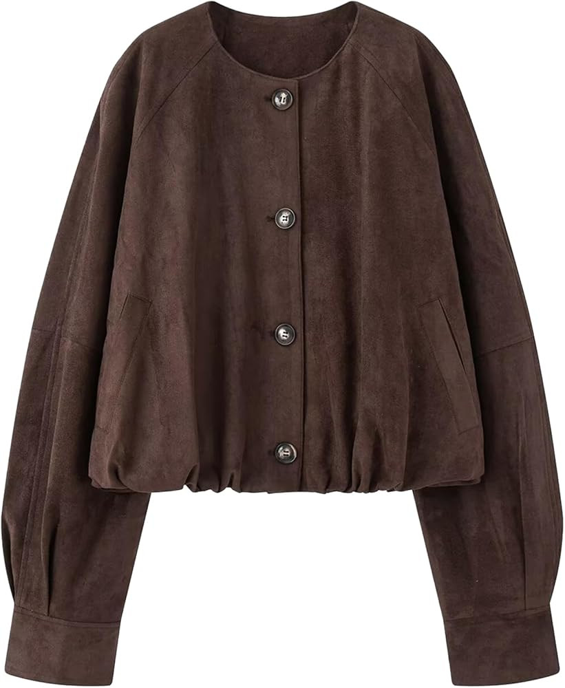 Ainangua Women's Faux Suede Button Bomber Jacket Oversized Gathered Hem Short Coat Casual Cropped... | Amazon (US)