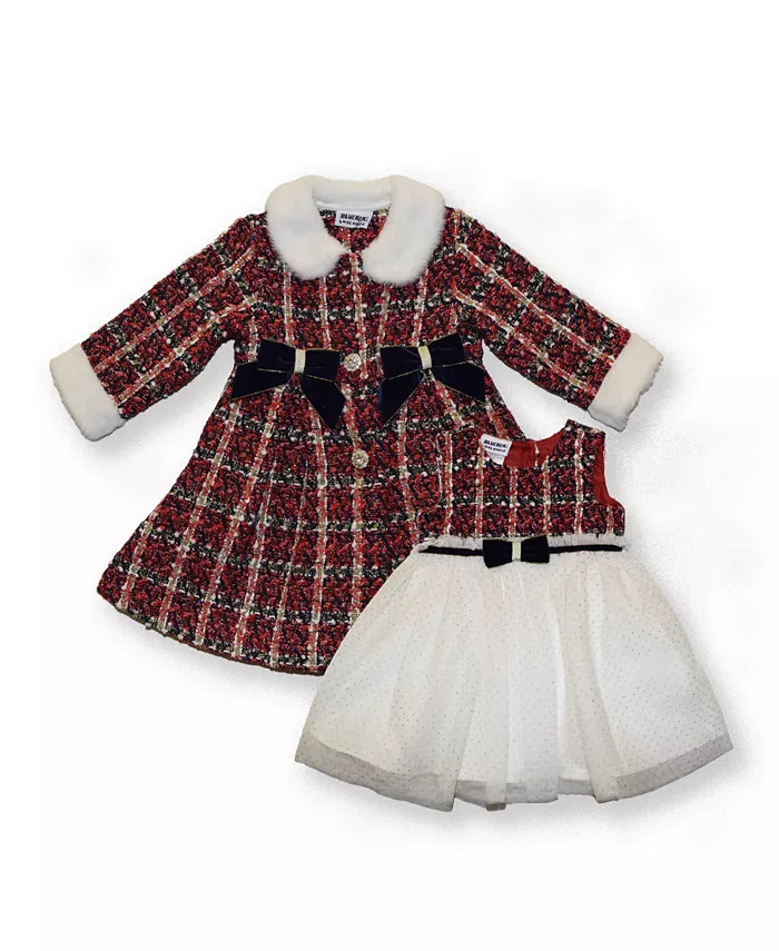 Little Girls Plaid Boucle Coat with Sleeveless Glitter Tulle Dress Set | Macy's