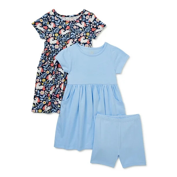 Wonder Nation Baby and Toddler Girl Knit Dress with Pockets and Biker Shorts Set, 3 Piece - Walma... | Walmart (US)