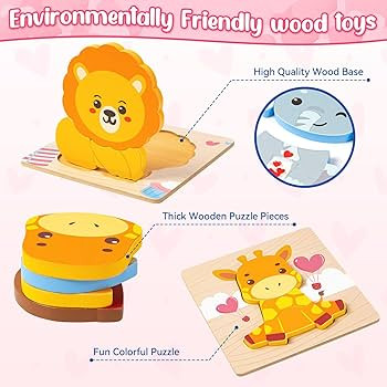 Valentines Toys Gifts for Kids Toddlers - 4 Pack Wooden Puzzles with Animals Design, Valentine Pa... | Amazon (US)