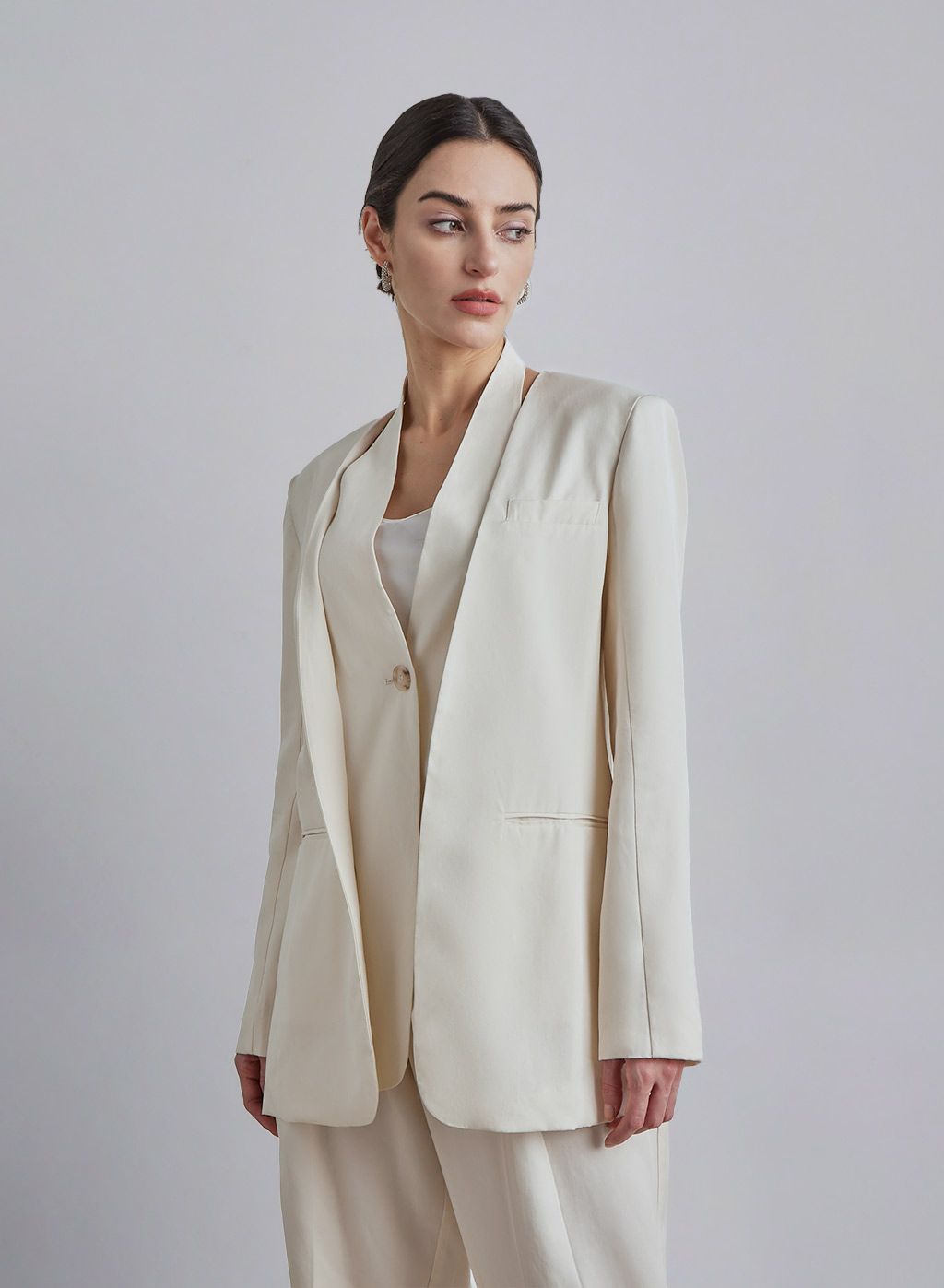 Linen-Blend V-Neck Layered Blazer | Silk Maison