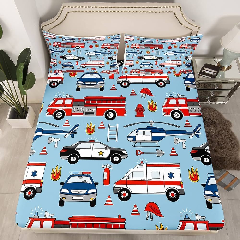 Feelyou Cartoon Police Car Bedding Sheets Red Fire Truck Bed Sheet Set for Kids Boys Toddler Fire... | Amazon (US)