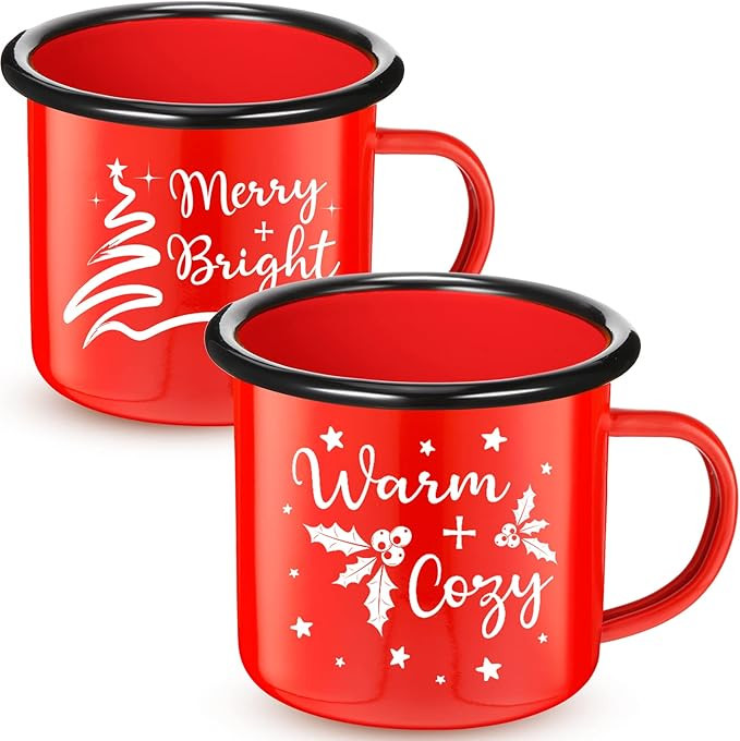 2 Pack Christmas Enamel Mugs Xmas Red Enamel Mug Gifts Merry and Bright Santa Enamel Tea Cups Sea... | Amazon (US)