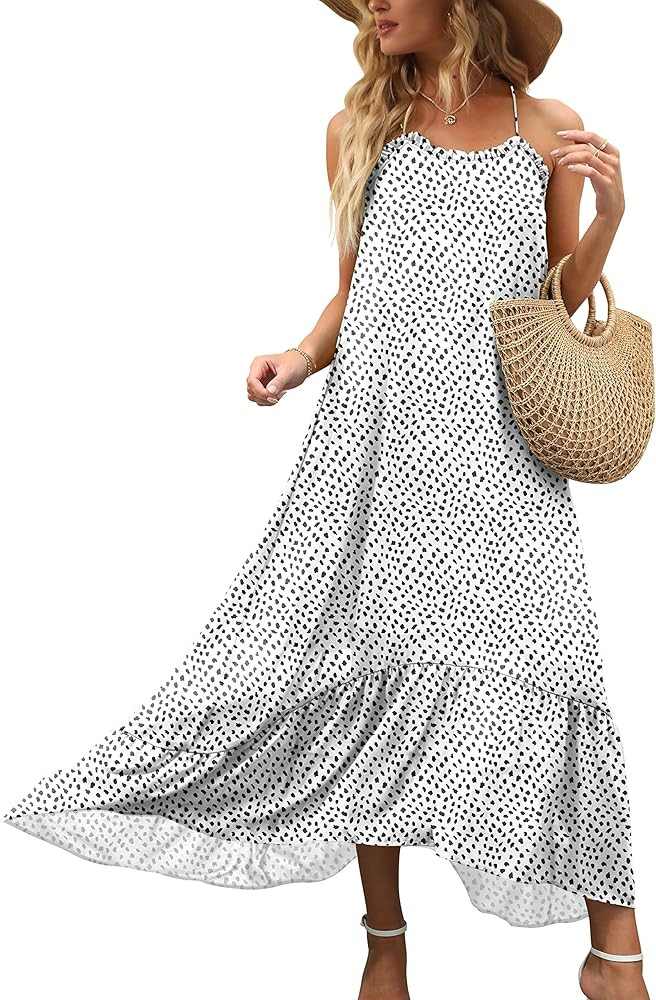 ANRABESS Womens Summer High Low Ruffle Maxi Dress Spaghetti Strap Print Flowy Beach Long Dress | Amazon (US)