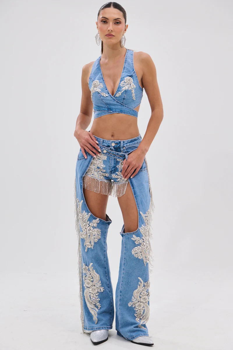 DIVALICIOUS DENIM CHAPS IN LIGHT BLUE | AKIRA
