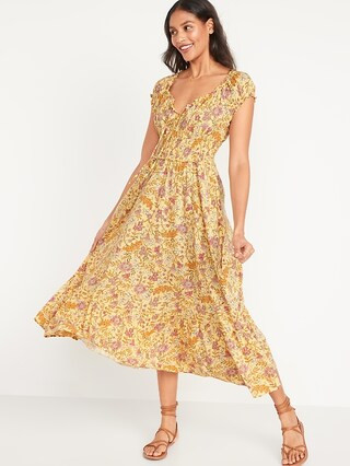 Waist-Defined Short-Sleeve Printed Midi Dress for Women | Old Navy (US)