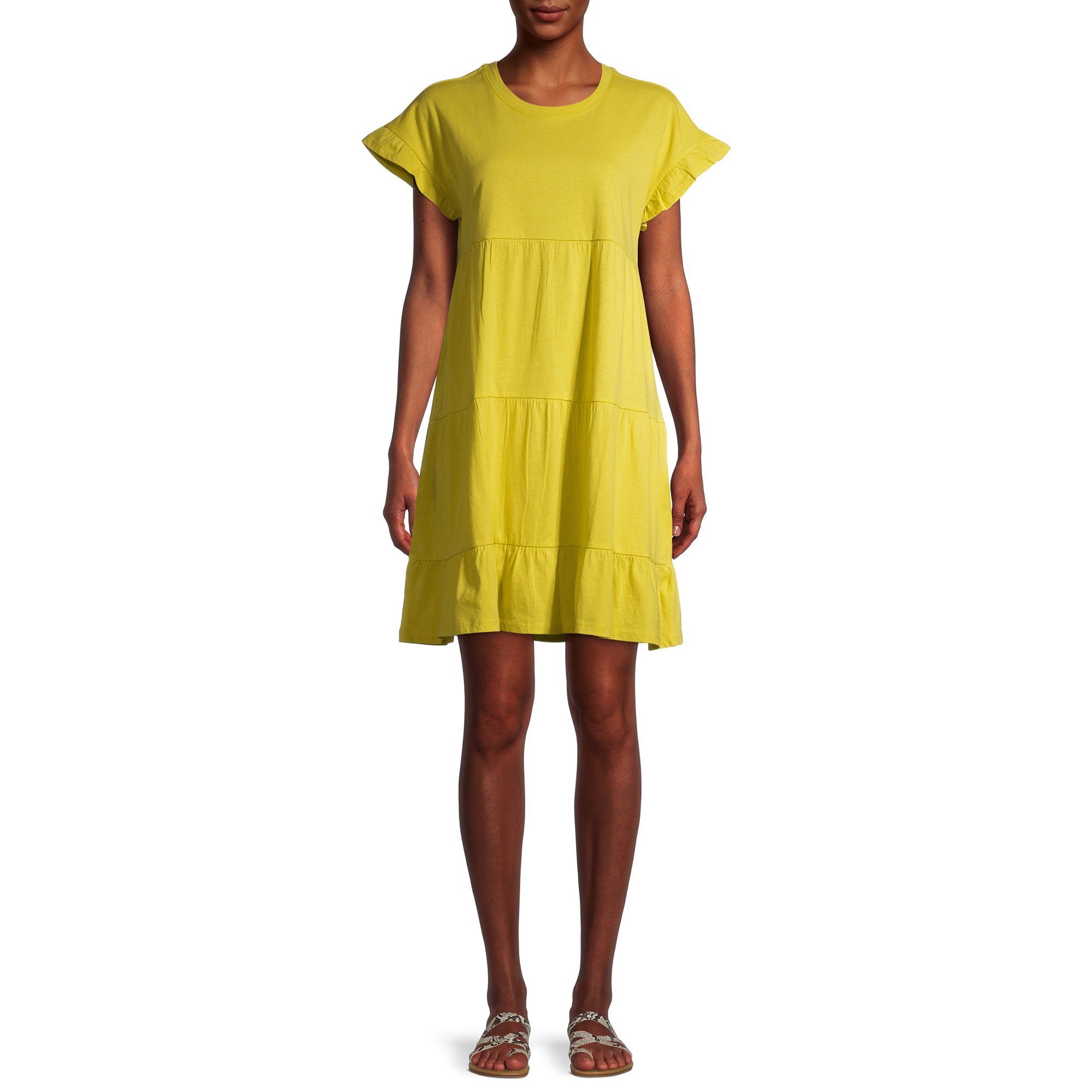 Time and Tru Women's Flutter Sleeve Tiered Dress | Walmart (US)