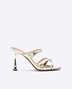 Gold cross strap heeled mule sandals | River Island (UK & IE)