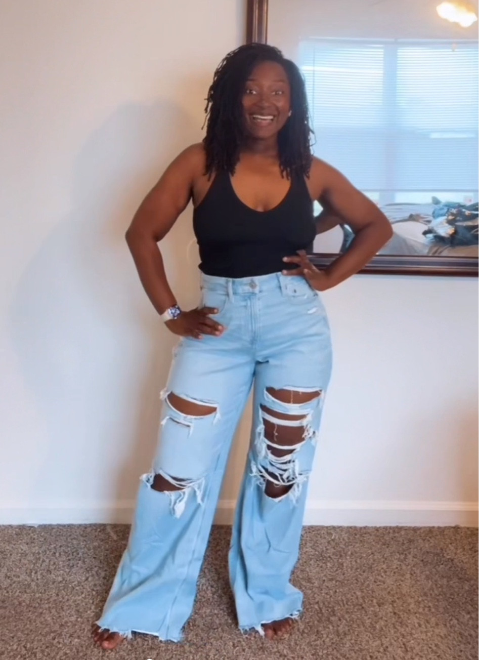 AE Dreamy Drape Stretch Curvy Super High-Waisted Ripped Baggy Wide Leg Jean 

#LTKMidsize #LTKSaleAlert