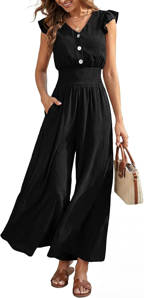 dowerme Women's Jumpsuits Dressy Casual 2026 Summer Ruffle Cap Sleeve V Neck Button Smocked Rompe... | Amazon (US)