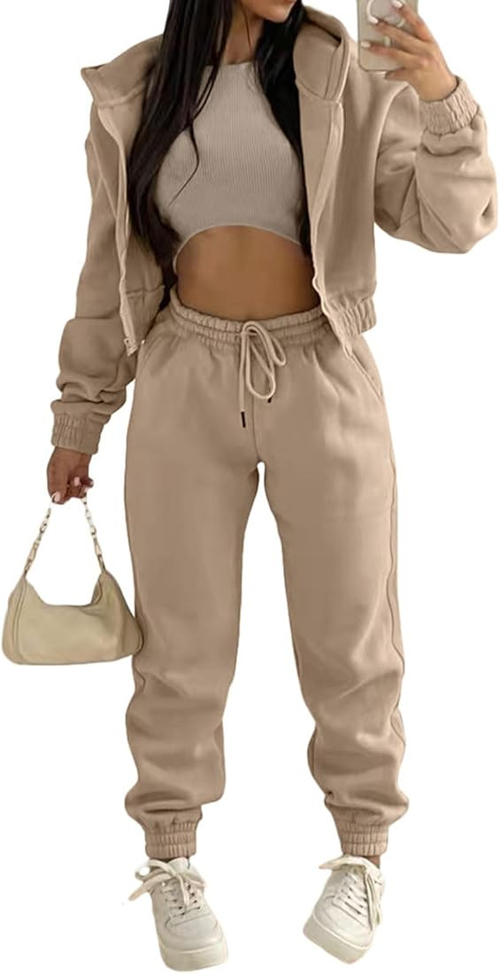Akmipoem Sweatsuits for Women Set 3 Piece Outfits Zip Up Hoodie Sweatshirt Crop Tank Top Jogger S... | Amazon (US)