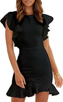 AIMCOO Women's Summer Flutter Sleeves Mini Dress Crewneck Ruffle Hem Casual Mini Dresses Elegant ... | Amazon (US)