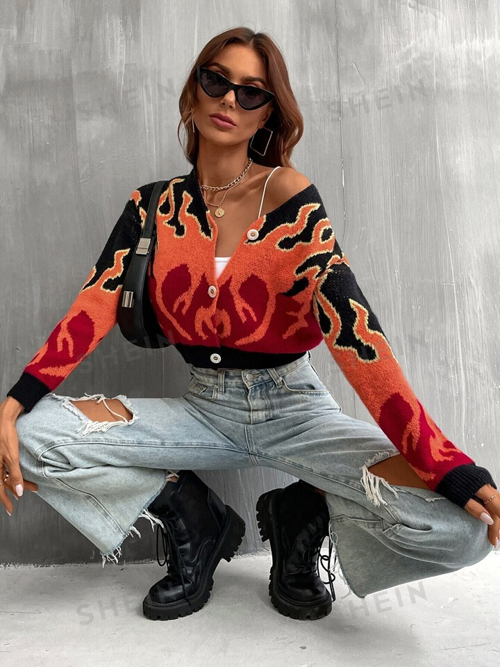 SHEIN EZwear Fire Pattern Drop Shoulder Cardigan | SHEIN USA | SHEIN
