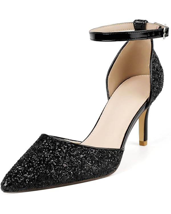 RIBONGZ Women's Wedding Shoes Glitter Sparkly Pointed Toe Strappy High Heels Sexy Ankle Strap Pum... | Amazon (US)