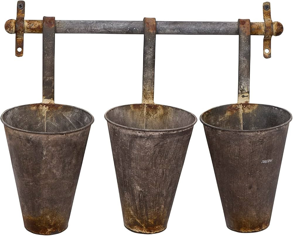 Creative Co-Op Antiqued Metal Wall Rack with 3 Hanging Tin Pots | Amazon (US)