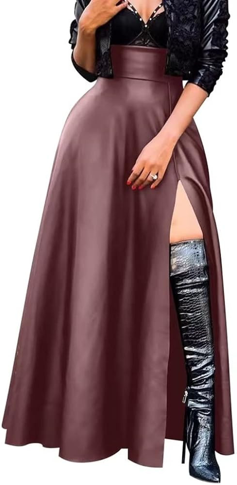Lexiart Womens High Waisted Sexy Pu Leather Vintage High Split A-Line Swing Long Skirt with Pocke... | Amazon (US)